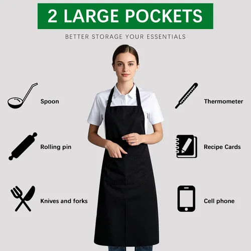 Vista 5 de Delantal con babero - Delantal unisex negro con 2 bolsillos, delantal de cocina para chef, delantales de dibujo para barbacoa, negro (10 piezas)