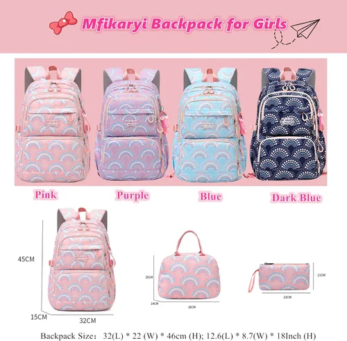 Vista 3 de Mochila de escuela primaria para niñas, bolsa impermeable para estudiantes con lonchera y estuche para lápices