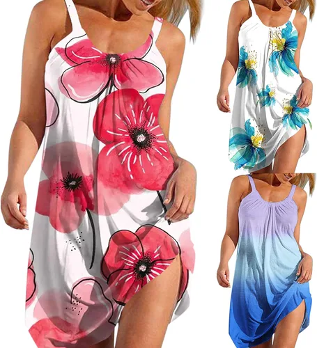 Vista 5 de Oiumov Vestidos de verano para mujer, estilo casual, tirantes delgados, bohemio, floral, talla grande, sin mangas, para la playa
