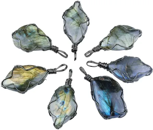 Vista 3 de Nupuyai Collar de labradorita natural unisex hecho a mano con alambre de piedra curativa irregular con cadena de 19 pulgadas, Piedra Metal