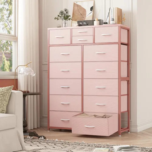 Vista 2 de EnHomee - Cómoda rosa de 52.2 pulgadas de alto para dormitorio, torre de almacenamiento vertical, anti-punta