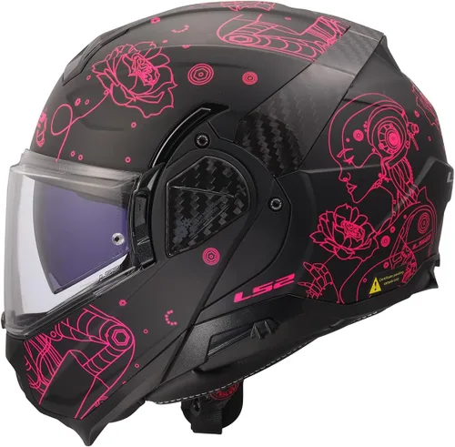 Vista 3 de Cascos LS2 Advant II - Casco modular para motocicleta con protector solar (Negro mate Sophia/Rosa - Talla L)