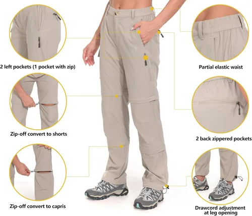 Vista 3 de Little Donkey Andy. Pantalones convertibles para mujer, elásticos, con cremallera y de secado rápido, para senderismo Caqui