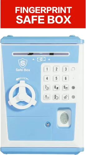 Vista 2 de LIKE Alcancía de Juguete Caja Fuerte con Huella Dactilar Cajero Automático Banco Máquina de Dinero y Monedas Caja de Ahorros para Niños Azul