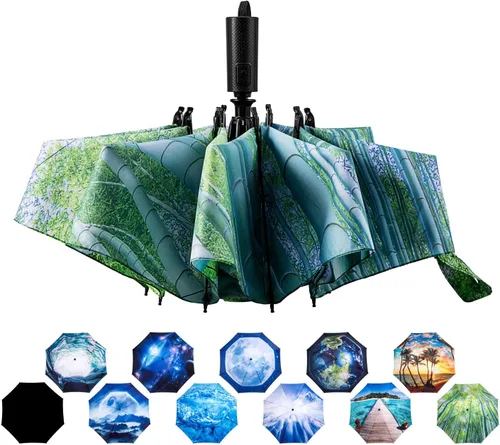 Vista 47 de LANBRELLA Paraguas plegable inverso compacto paraguas de viaje a prueba de viento automático