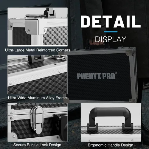 Vista 3 de Phenyx Pro Estuche de transporte de tamaño mediano, espuma precortada personalizable, construcción robusta de aleación de aluminio, adecuado