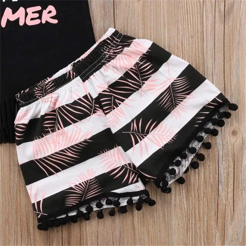 Vista 6 de Conjunto de ropa de verano con flecos para bebé, niña, camiseta sin mangas, pantalones cortos con borlas, diadema, Negro