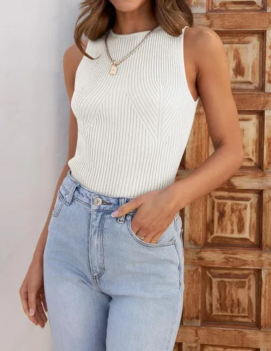 Vista 8 de ZESICA Camisetas sin mangas acanaladas para mujer, de verano, sin mangas, cuello alto, casual, ajustadas, básicas, de punto