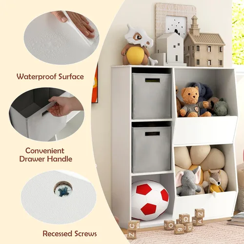 Vista 9 de HONEY JOY Organizador de almacenamiento de juguetes para niños con 5 cubículos, estantería y estantería para niños con 2 cajas de almacenamiento