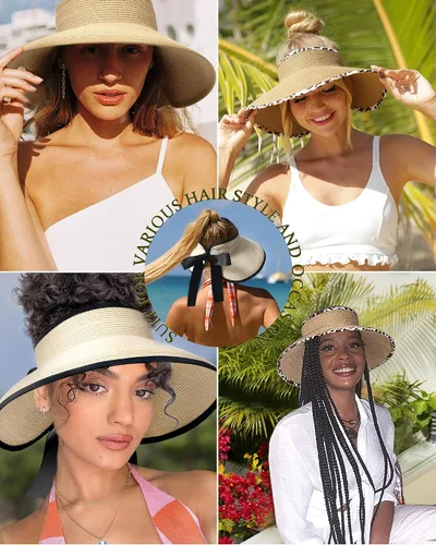 Vista 4 de Camptrace UPF 50+ Sun Visors for Women Wide Brim Beach Hat Foldable Straw Visor Hat Ponytail Summer Packable