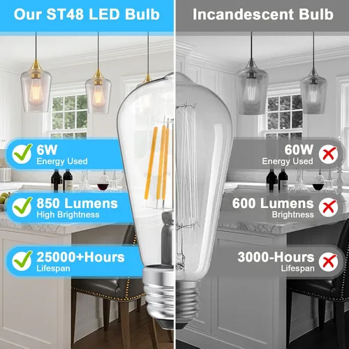 Vista 8 de Ralbay Bombillas LED Edison ST48 vintage equivalentes a 60 vatios, paquete de 6, luz blanca natural brillante de 4500 K, bombillas de filamento LED