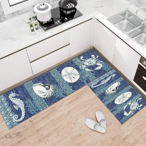 Vista 3 de GUBIYU Juego de 2 tapetes de cocina para el piso, diseño de cangrejo azul, submarino, duradero, náutico, océano, animales, lavable, juego