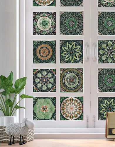 Vista 7 de Pegatinas de Azulejos para Salpicadero de 6x6 pulgadas en Verde, Despegar y Pegar, Patrón Mandala, Calcomanías de Azulejos Decorativas para Cocina