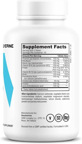 Vista 4 de Swolverine Complejo de vitamina B Complejo B que incluye B12, B1, B2, B3, B5, B6, B7, B9, ácido fólico, colina, inositol y biotina, apoya
