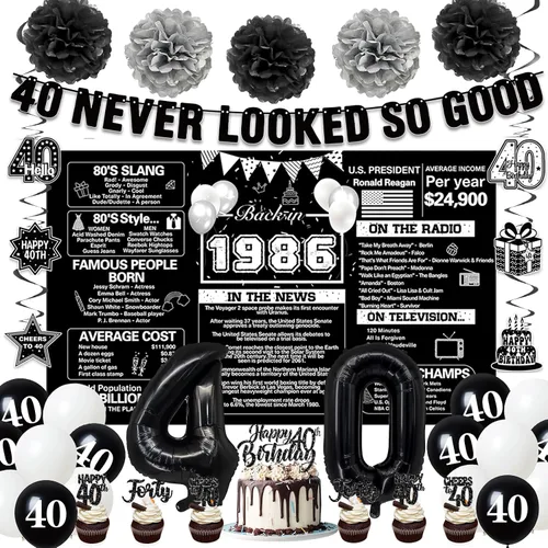 Vista 8 de Crenics Decoraciones de 60 cumpleaños en negro para hombres y mujeres - Telón de fondo de 1966, pancarta, pompones de papel, espirales colgantes