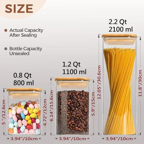 Vista 2 de Envases de almacenamiento de vidrio con tapas, tarro de almacenamiento de alimentos transparente con tapa de bambú sellada para fideos, harina