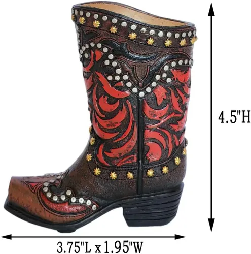 Vista 5 de Bota de vaquero occidental decorativa rústica, jarrón para decoración de oficina (rojo y negro)