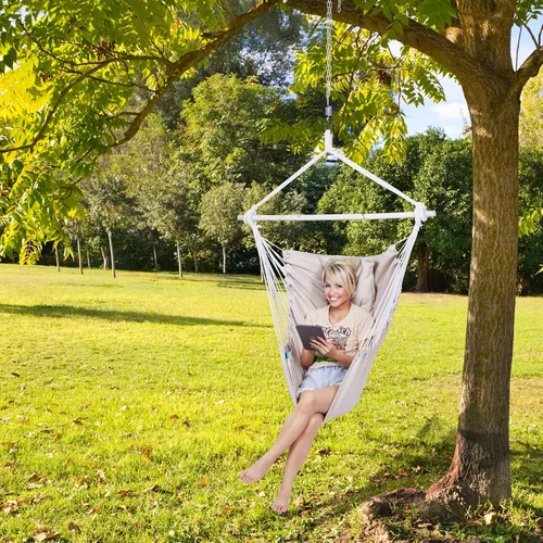 Vista 2 de Backyard Expressions Silla Hamaca Colgante con Cojines y Kit para Colgar – Capacidad de 500 lb, Tela de Mezcla de Algodón, para Uso