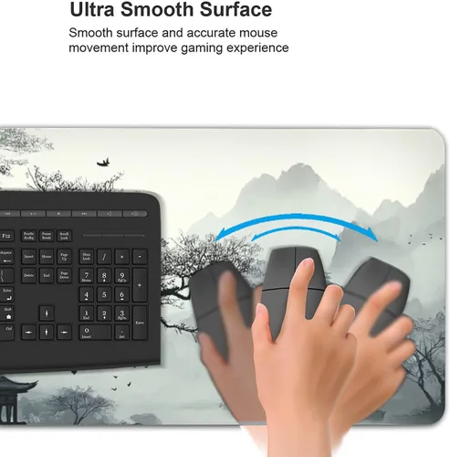 Vista 4 de Alfombrilla extendida para mouse, diseño de paisaje de pintura de tinta china, 35.4x15.7 pulgadas, tapete para teclado de juegos con bordes cosidos
