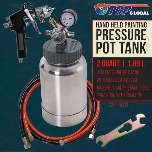 Vista 2 de TCP Global tanque de pintura de presión de 2 cuartos de acero resistente con tapa roscada, regulador, manómetro, pistola de aerosol y mangueras