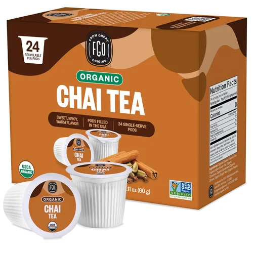 Vista 2 de FGO Cápsulas K-Cup de té negro orgánico Chai para Keurig, 24 unidades (paquete de 1), té negro premium con especias Chai es orgánico por la USDA