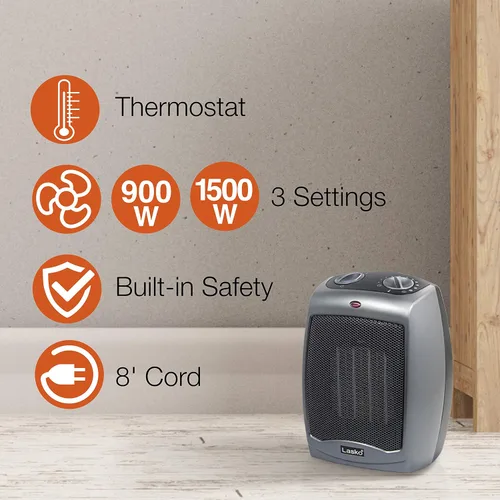 Vista 6 de Lasko Calentador de espacio de cerámica oscilante, 15.7 pulgadas, negro, 1500 W, CT16450 y calentador eléctrico de cerámica, 9.2 pulgadas, gris