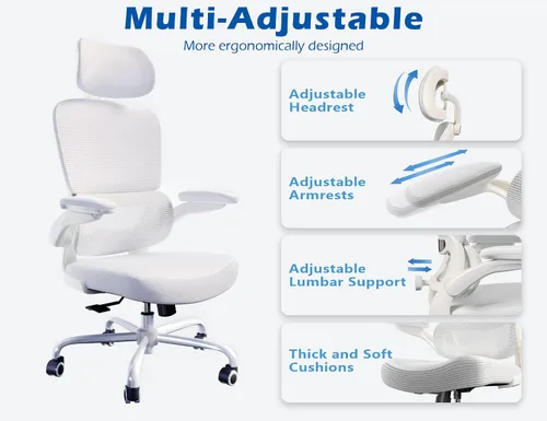 Vista 4 de TRALT Silla ergonómica de oficina, silla de escritorio con reposacabezas ajustable, silla de computadora de soporte lumbar, silla cómoda de malla