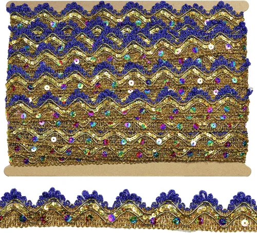 Vista 13 de Cinta larga de 14 yardas de ancho, 1.378 in/1.37 pulgadas, color oro azul con lentejuelas doradas, adorno de encaje decorado para manualidades, tela