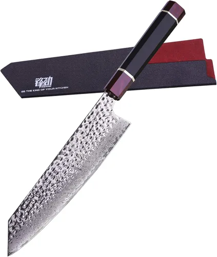 Vista 9 de Cuchillo de cocina multiusos de 5 pulgadas con funda de ABS, cuchillo mondador japonés multiusos, hoja de acero de Damasco, mango octogonal