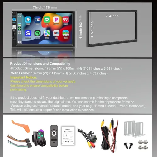 Vista 8 de Apple CarPlay inalámbrico y Android Auto, estéreo de coche doble DIN - Pantalla táctil IPS de 7", 1024*600, radio de coche FM, Bluetooth 5.2, 180W