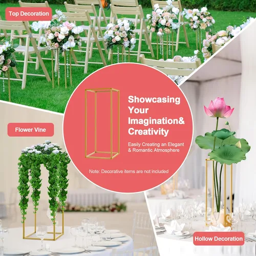 Vista 3 de 10 soportes de metal para centros de mesa de boda, jarrones de columna, soporte de flores de boda, soporte rectangular geométrico dorado