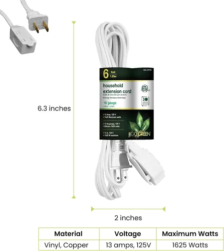 Vista 2 de GoGreen Power (GG-24706) Cable de extensión para el hogar de 16/2 de 6 pies, 3 tomas, blanco, 6 pies (paquete de 2)