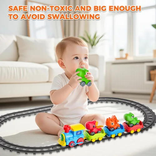 Vista 4 de Juego de tren para niños pequeños con vapor, música, luces y 3 autos de Verde