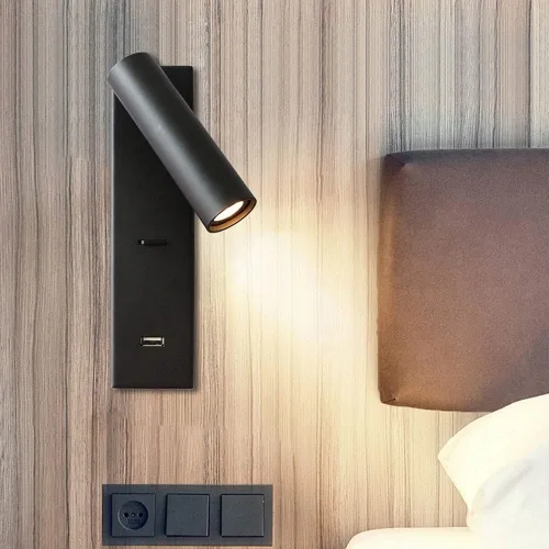 Vista 2 de Lámpara de pared para dormitorio, lámpara de lectura moderna para escritorio, foco LED con interruptor de botón y puerto de carga USB, luz giratoria