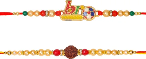 Vista 5 de Rakhi Juego de 2 Rakhi para hermano con tarjeta de felicitación Raksha Bandhan Roli Chawal Tika - Raksha Bandhan Designer Kundan Rakhi para hermano