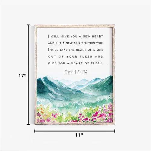 Vista 3 de Ezequiel 36:26 Te daré un nuevo corazón y pondré un nuevo espíritu en ti, versículo bíblico, arte de pared, oración, escritura, bautismo, signo