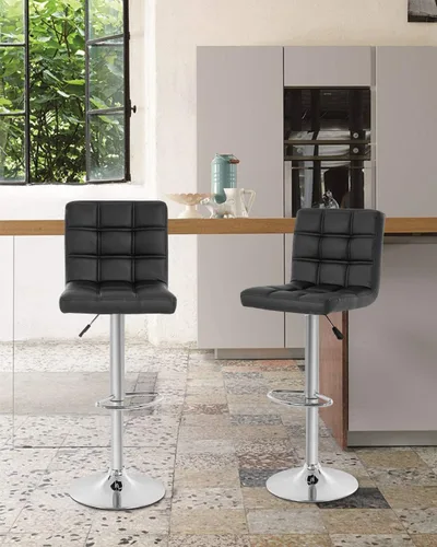 Vista 7 de Juego de 2 taburetes de bar de piel sintética con altura de mostrador, taburetes de bar ajustables en altura, silla de bar, taburete de cocina, Negro