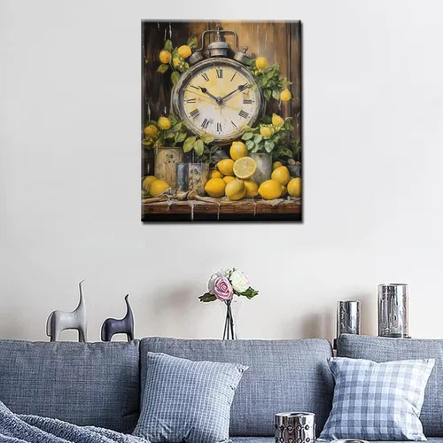Vista 3 de Reloj de cocina de granja con limones, pintura al óleo por números, kit de pintura por números, lienzo de 16 x 20 pulgadas, pintura rústica, pintura