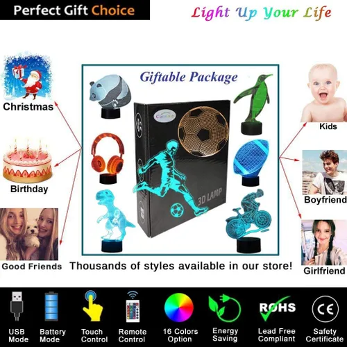 Vista 6 de Luz nocturna de ilusión 3D de fútbol, 16 colores regulables, lámpara de noche LED con control táctil y remoto, USB y alimentada por batería