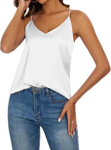Vista 4 de Miqieer Camiseta básica de seda para mujer, con cuello en V, holgada, sin mangas, de satén, para mujer