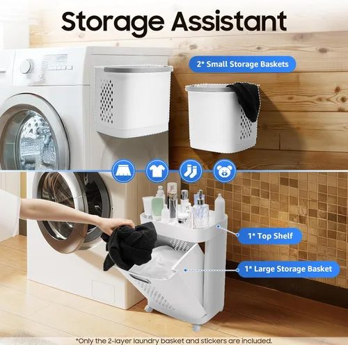 Vista 2 de Cesta de lavandería con ruedas extraíbles, herramienta de lavandería de 3 niveles para baño, sala de estar, dormitorio, de pie, grande, de mano