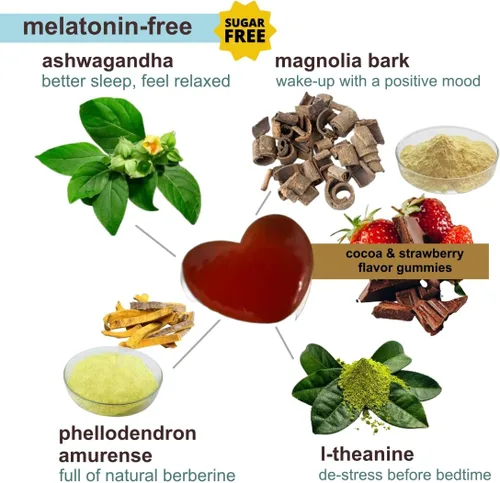 Vista 2 de Ayuda para dormir sin melatonina Gomitas para dormir para niños y adultos sin gluten sin OMG Sabor cacao y fresa, 60 gomitas veganas sin azúcar