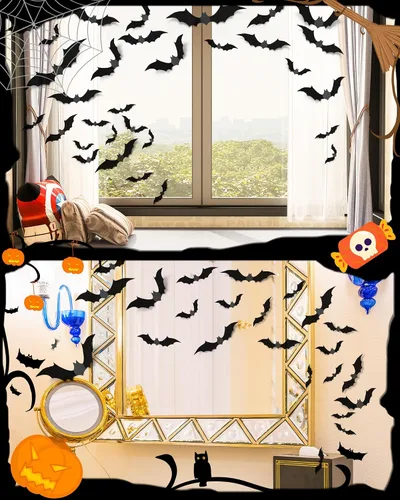 Vista 4 de 28 piezas de decoración de Halloween 3D, decoración de murciélagos 3D, 4 tamaños, decoración de Halloween aterradora para interiores, decoración