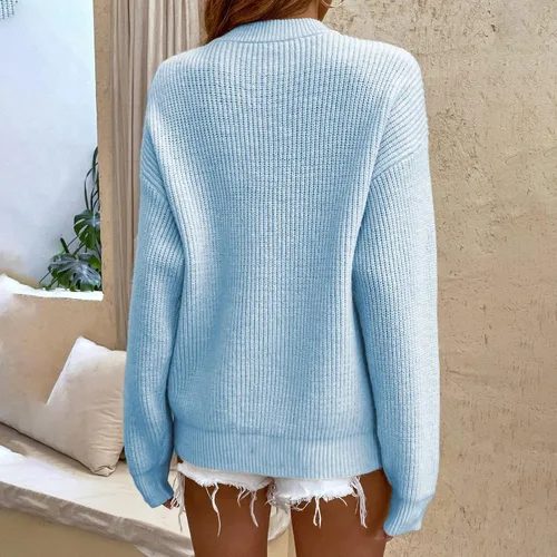 Vista 6 de Suéteres de otoño para mujer 2022 de manga larga suéter de punto de manga superior suéter de punto de Navidad Azul Patchwork M