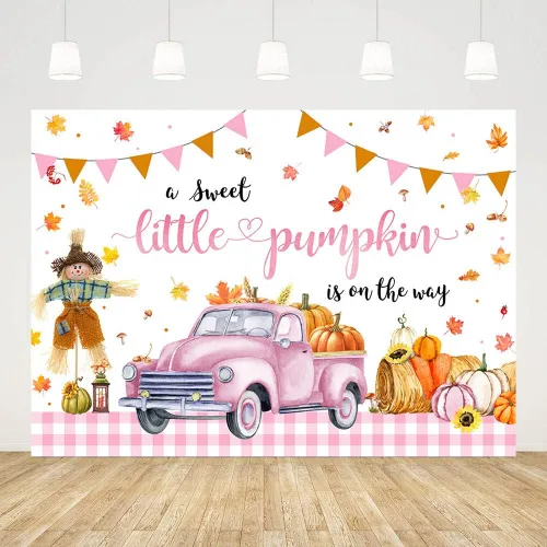 Vista 3 de AIBIIN Telón de fondo de calabaza para baby shower de 7 x 5 pies para niñas, otoño y otoño, decoración de fiesta de baby shower, coche rosa