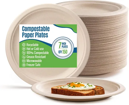 Vista 9 de Platos de papel blanco, 7 pulgadas, 150 unidades, fibra de caña de azúcar de grado alimenticio, compostable y biodegradable, para microondas
