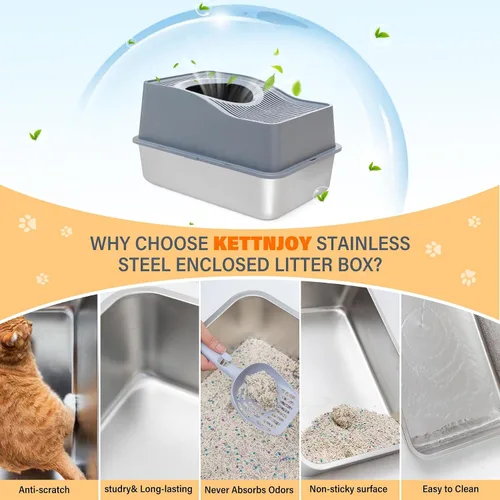 Vista 5 de Caja de arena para gatos de entrada superior con tapa, caja de arena cerrada de acero inoxidable para gatos, caja de arena de metal grande con carga