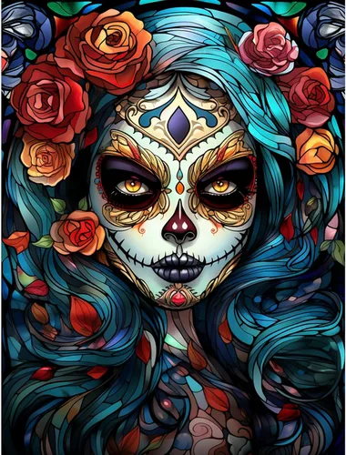 Vista 8 de Pintura de diamantes de calavera de azúcar 5D, kit de numeración, arte del día de la muerte, arte de pared de rosa roja, arte de pared con diamantes