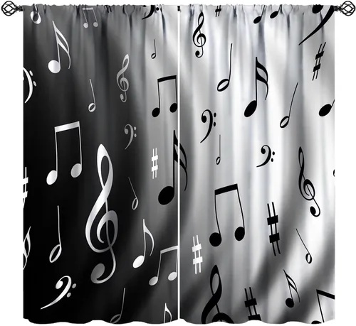 Vista 28 de Cortinas abstractas con notas musicales de piano, temática musical de piano, decoración de dormitorio de niños y niñas, arte rústico retro
