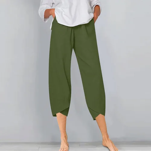 Vista 2 de Pantalones capri para mujer, casuales, ligeros, de verano, holgados, con cintura elástica, pantalones capri de pierna ancha recortados